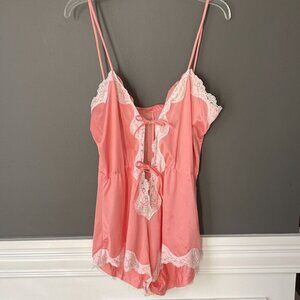 Vintage 70s Peach Nylon Lace Trim Teddy Lingerie Romper One-Piece Tie Front XS